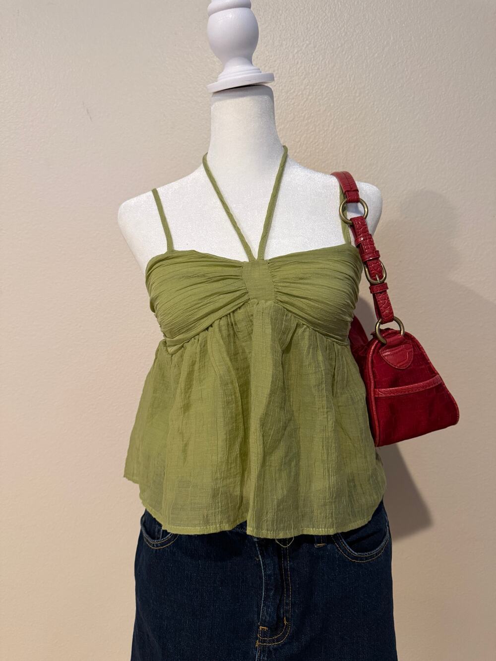 Korean Olive Green Halter Babydoll Tank Top